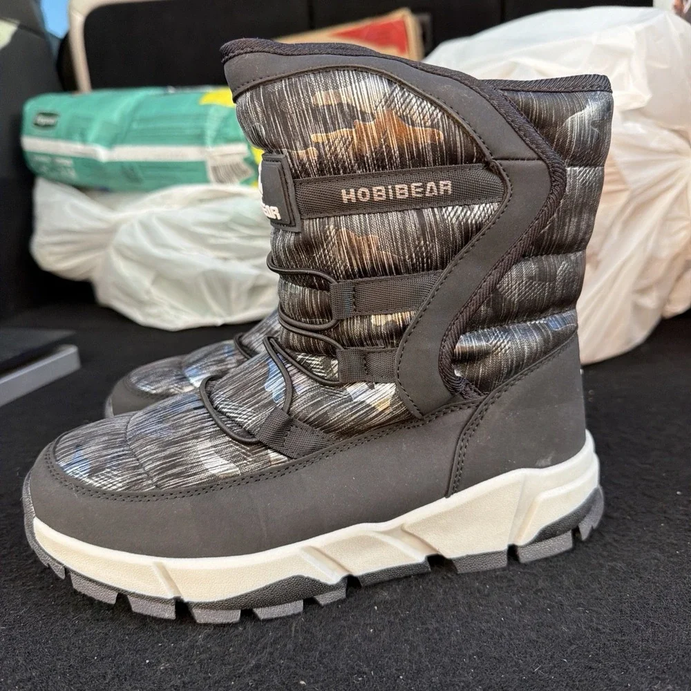 Hobibear Snow Boots Black/Gray Design‎ Faux Fur Lined US Side 8.5 M